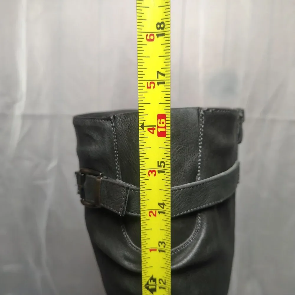 Kadi Maya Charcoal Gray Faux Leather Slouchy Zip Up Knee High Riding Boots sz 8